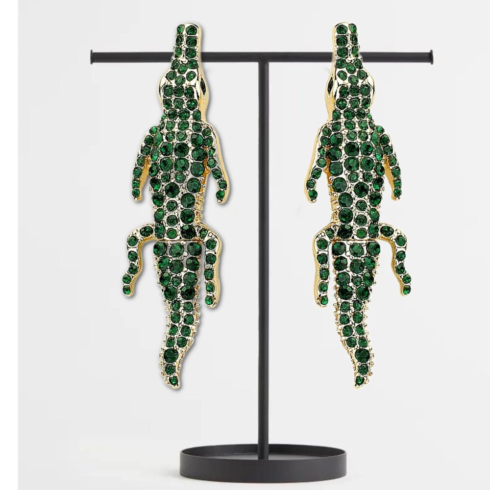 Gold Dipped Rhinestone CZ Bling Green Alligator Crocodile Gem Earrings NEW